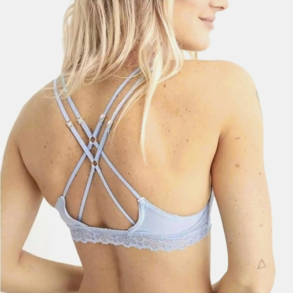 NEW aerie | Triangle 4 Strap Strappy Bralette Lace Floral Plunge Bra Blue Gold M - Picture 7 of 14